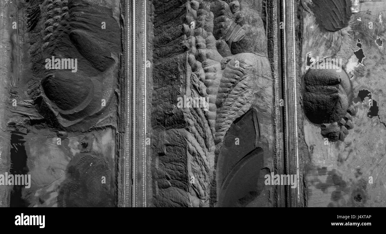 Schwarzen Kohlevorkommen. Exploration und Maschine. Ansicht von oben. Stockfoto
