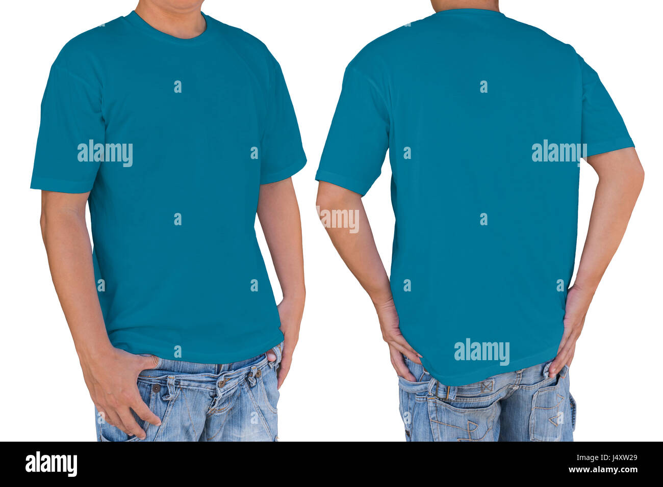 Mann trägt leere blaue Lagune Farbe T-shirt mit clipping-Pfad, Vorder- und Rückansicht. Vorlage für einfügen Logo, Muster oder ein Kunstwerk. Stockfoto