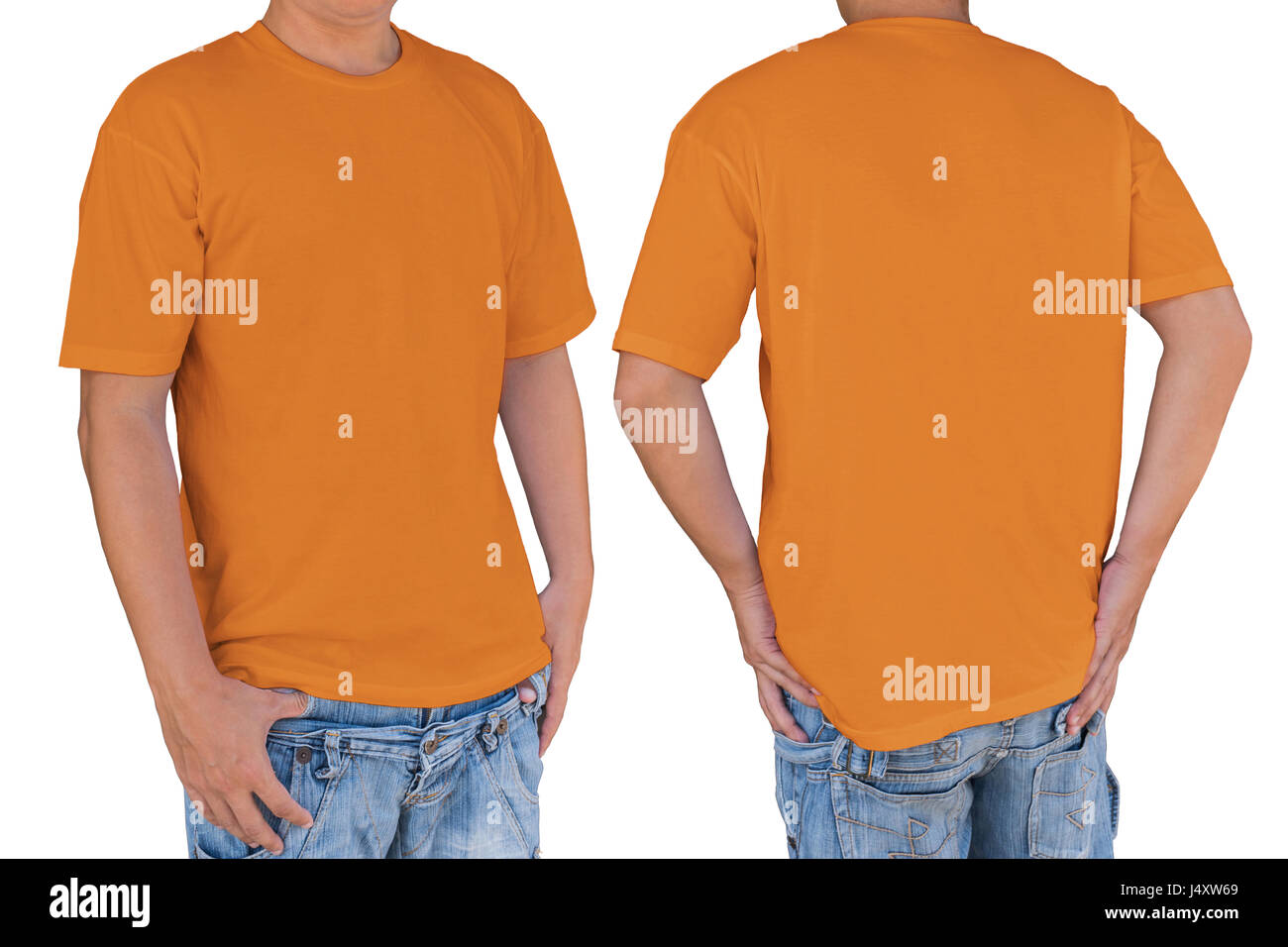 Mann trägt leuchtend orange T-shirt mit Beschneidungspfad, Vorder- und Rückansicht leer. Vorlage für einfügen Logo, Muster oder ein Kunstwerk. Stockfoto
