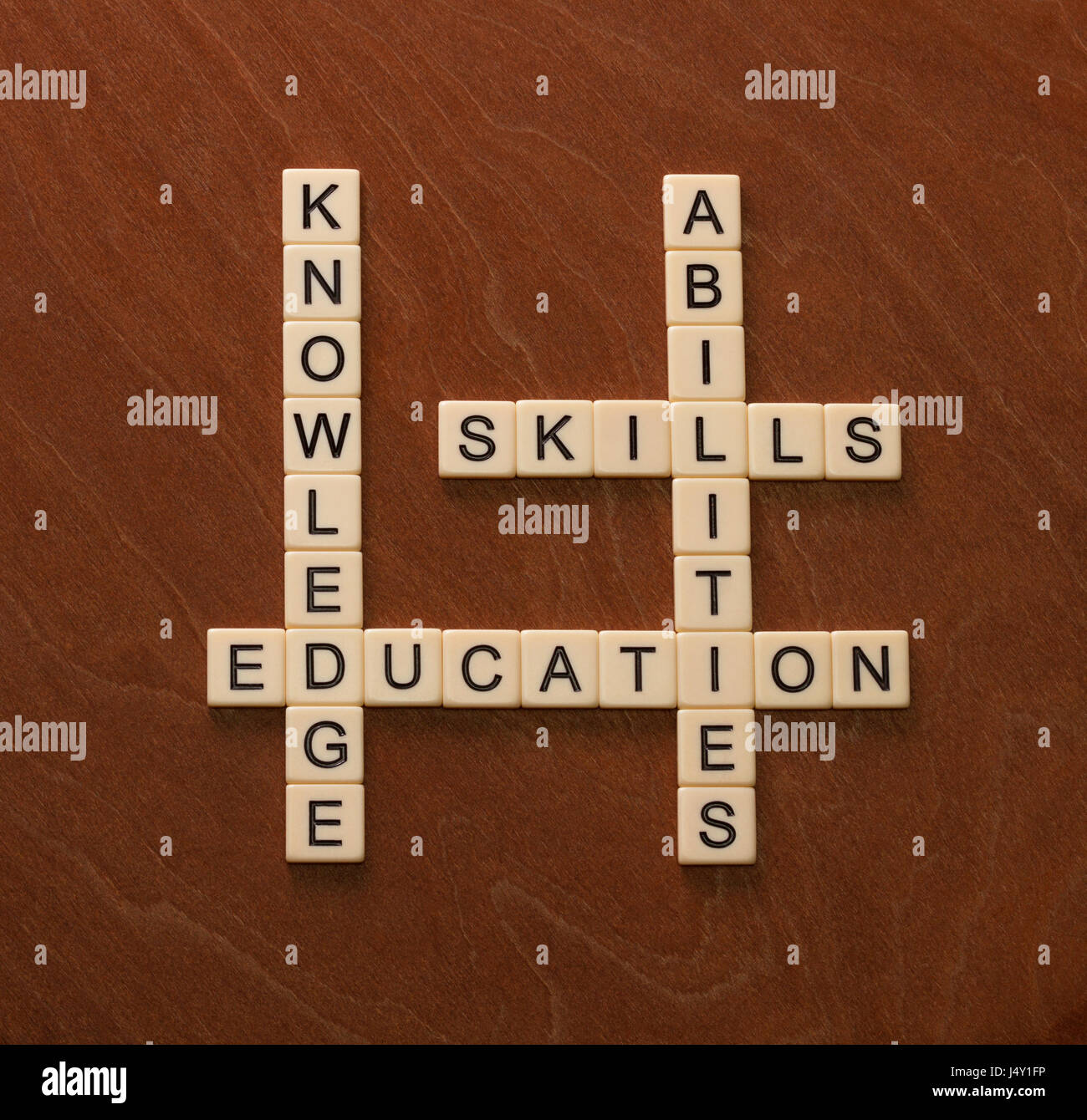 Kreuzworträtsel mit Worten Fertigkeiten, Fähigkeiten, wissen und Bildung. Learning-Konzepts. Elfenbein Fliesen mit Großbuchstaben auf Mahagoni Brett. Stockfoto