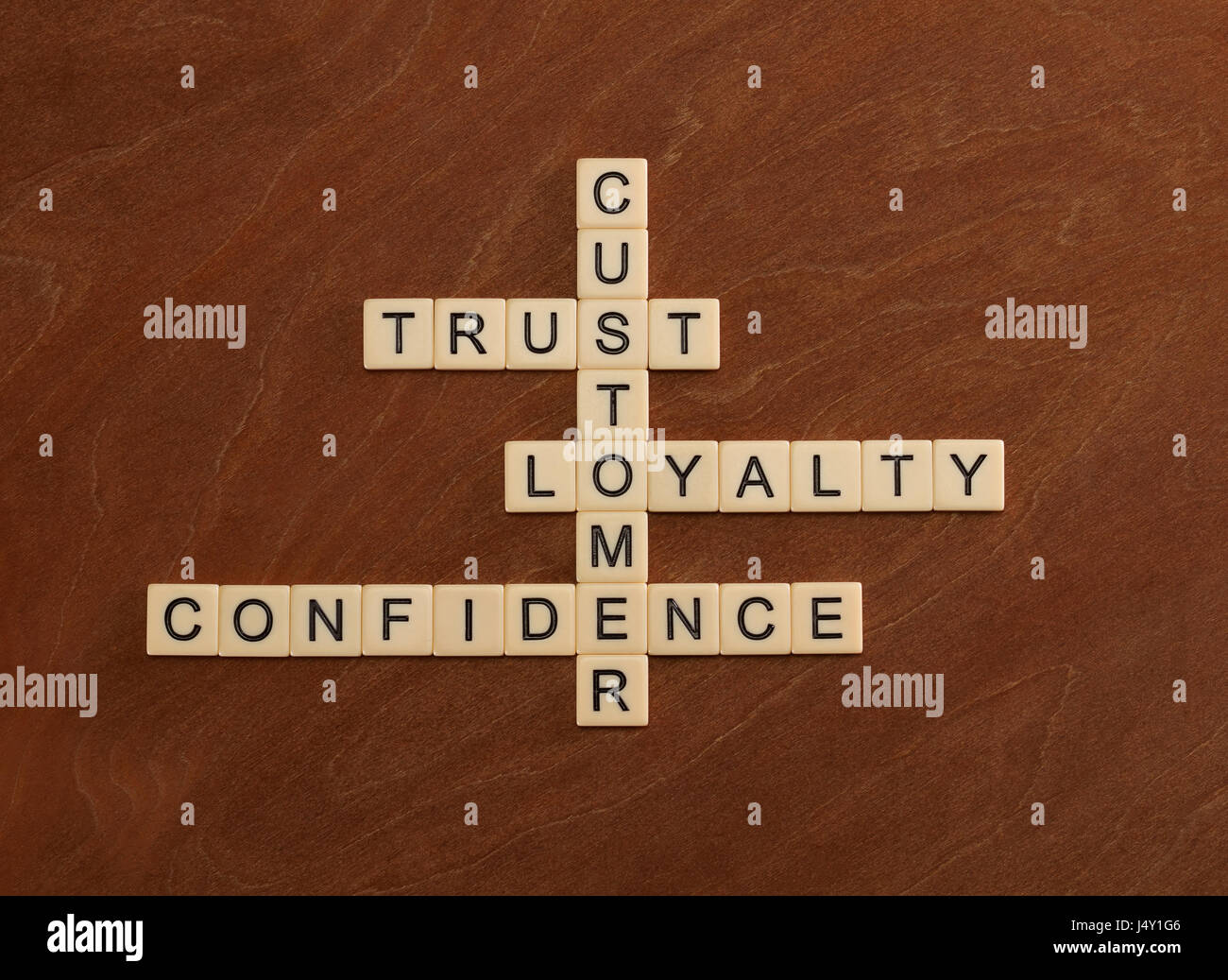 Kreuzworträtsel mit Worten Vertrauen, Loyalität, Vertrauen. Kunde Loyalität Konzept. Elfenbein Fliesen mit Großbuchstaben auf Mahagoni Brett. Stockfoto