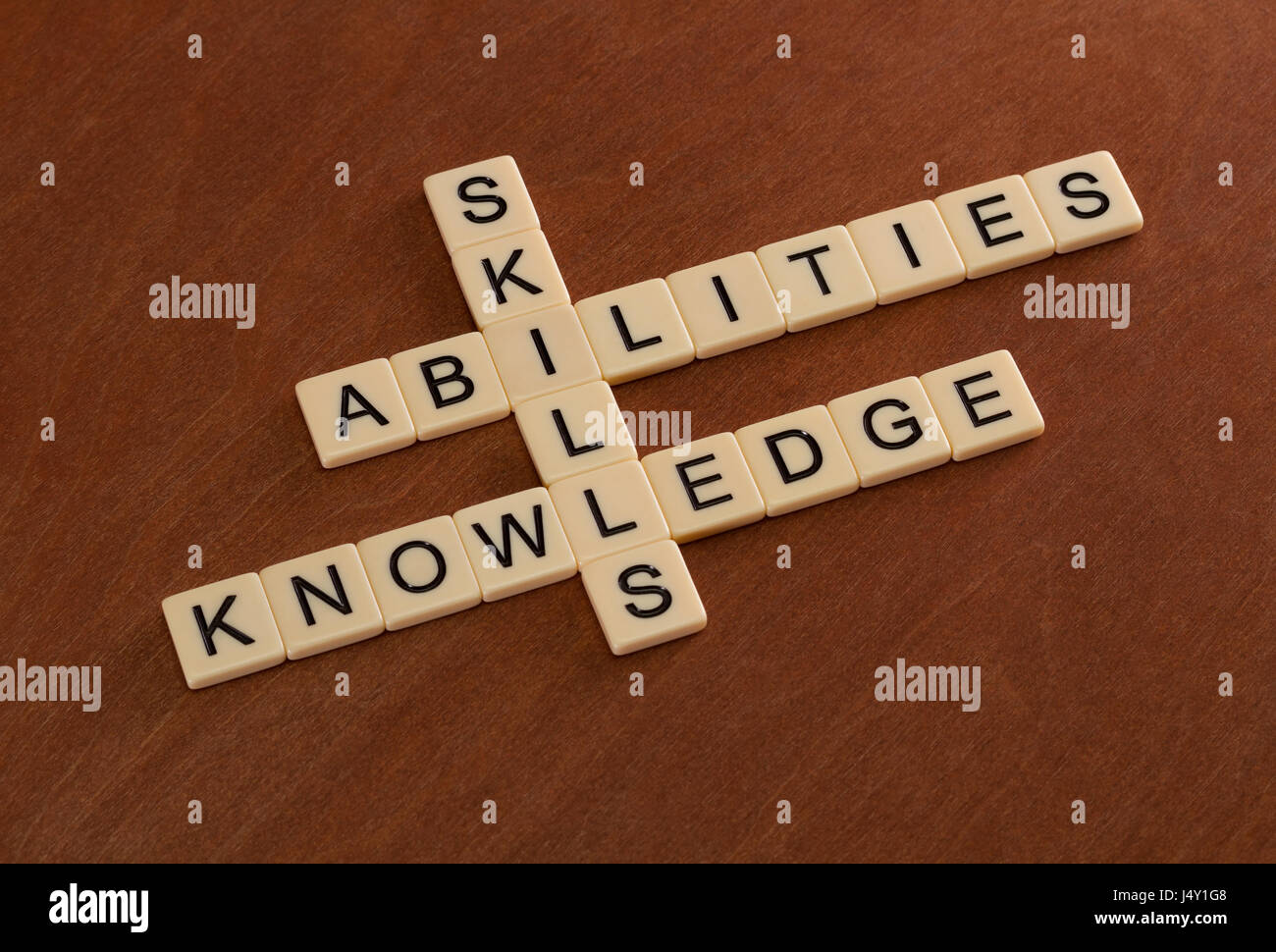 Kreuzworträtsel mit Worten Fertigkeiten, Fähigkeiten, wissen. Learning-Konzepts. Elfenbein Fliesen mit Großbuchstaben auf Mahagoni Brett. Stockfoto