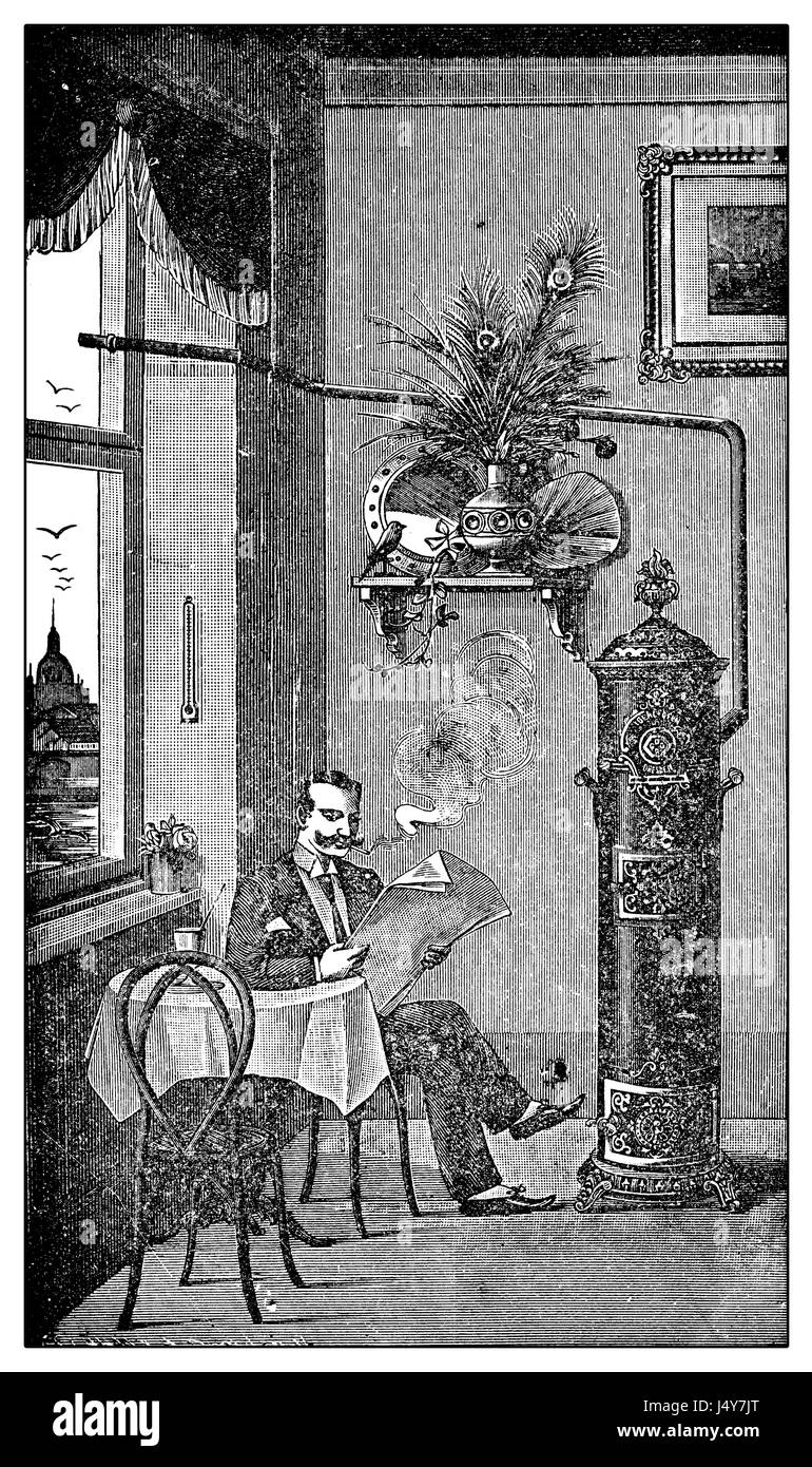 Vintage Illustration, Holz oder Kohle Ofen mit richtigen Ventpipe (und schwere Raucher ohne es :) Stockfoto