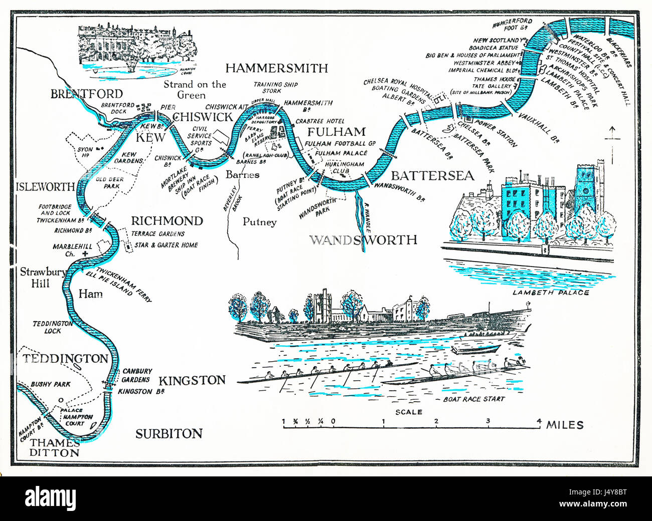 Karte der Themse Rudern, illustriert 1955 Plan der Themse, wie er windet sich durch London, Hampton Court, Blackfriars, mit Punkten von Interesse für die Bootsfahrten auf dem Fluss Stockfoto