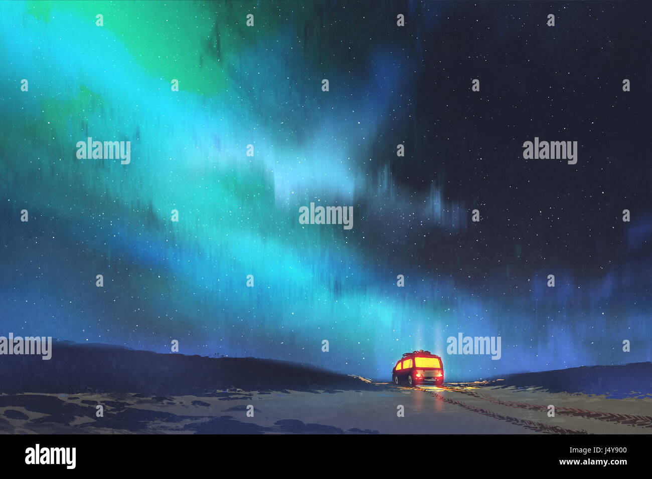 Nachtlandschaft des van parkte vor einem wunderschönen Sternenhimmel mit digitaler Kunststil, Illustration, Malerei Stockfoto