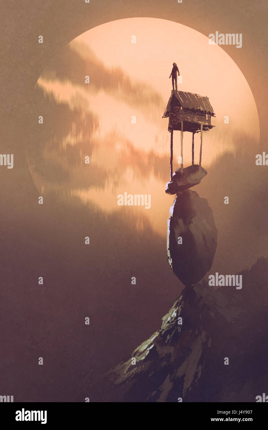 der Mann an der Spitze der kleinen Hütte über prekäre gestapelte Felsen gegen den großen Mond mit digitaler Kunststil, Illustration, Malerei Stockfoto