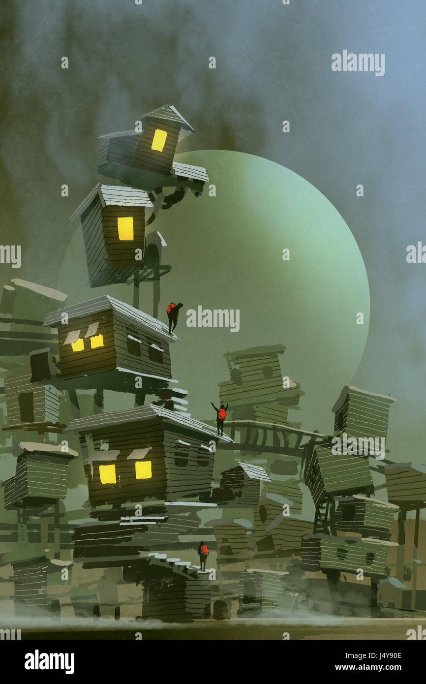digitale Kunst des Dorfes Fantasie mit gestapelten Häusern und einem Planeten auf Hintergrund, Illustration, Malerei Stockfoto