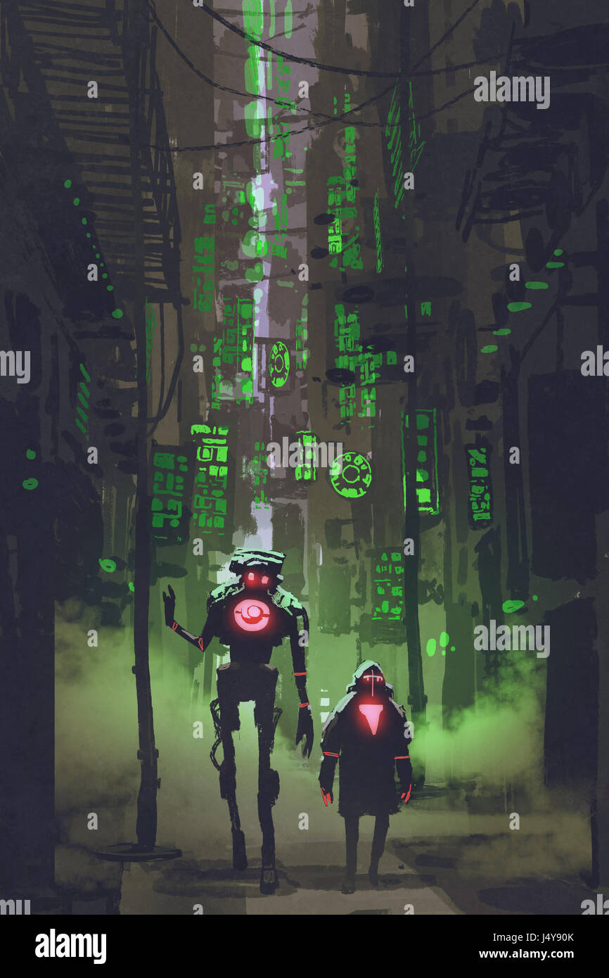 digitale Kunst mit Sci-Fi-Konzept von zwei Robotern, die zu Fuß in enge Gasse mit vielen grünen Lichtern, Illustration, Malerei Stockfoto