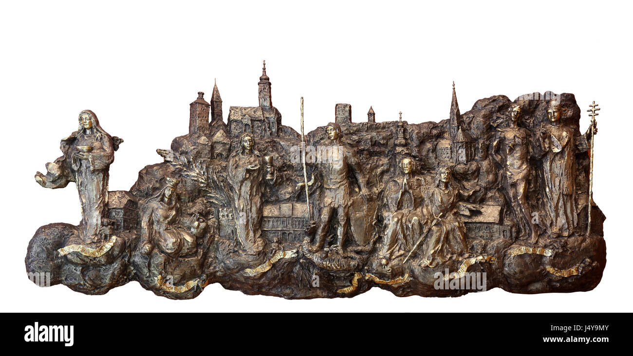 Bass Relief mit Kirchen und Schutzpatrone der Gradec, die Altstadt von Zagreb in der Kapelle des St. Dismas in Zagreb, Kroatien Stockfoto