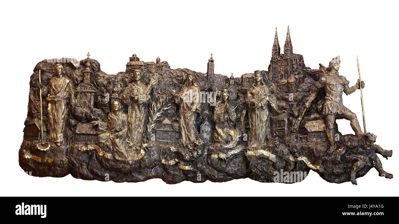 Bass Relief mit Kirchen und Schutzpatrone der Kaptol der Altstadt von Zagreb in der Kapelle des St. Dismas in Zagreb, Kroatien-o Stockfoto