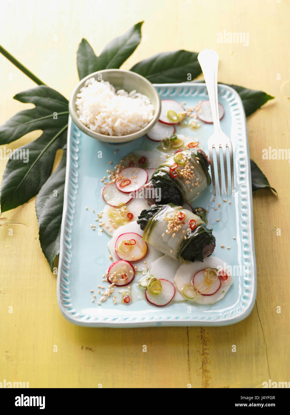 Fleisch rollt mit Mangold auf Rettich Salat Stockfoto