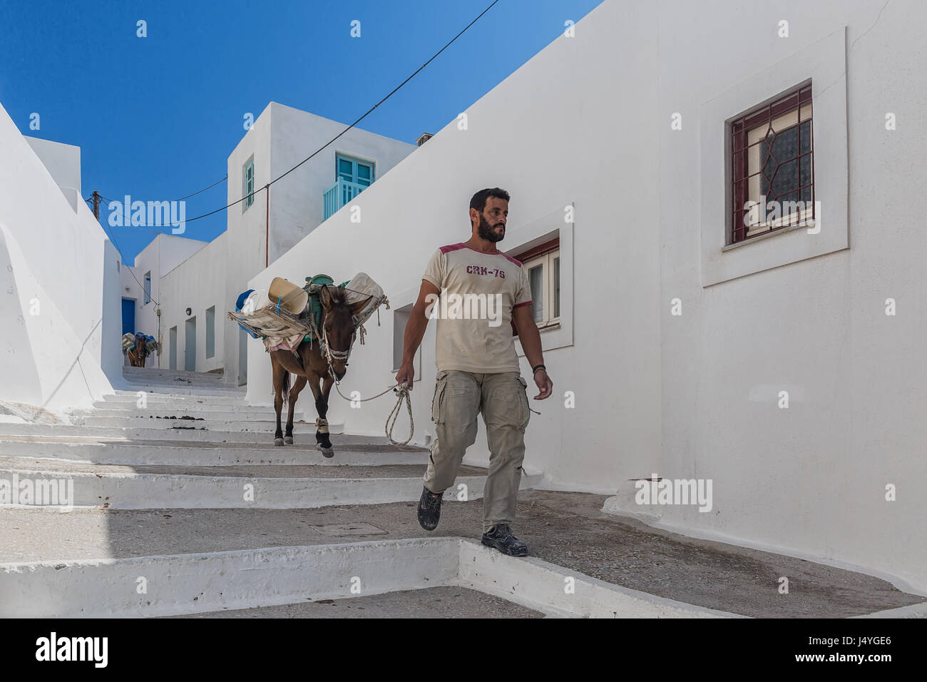 Insel Amorgos, Griechenland - Oktober 2015: Lokalen griechischen Mann mit einem Esel mit Wassertanks gehen entlang der Straße von Amorgos Stockfoto