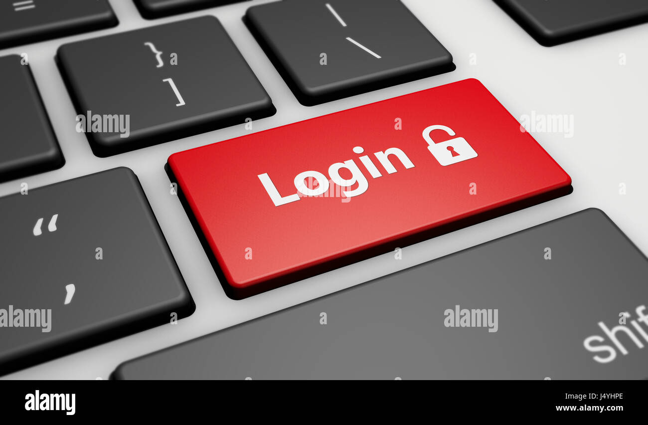 Internet Security Konzept 3D-Illustration Taste Login-Symbol und Zeichen auf einer Computertastatur. Stockfoto