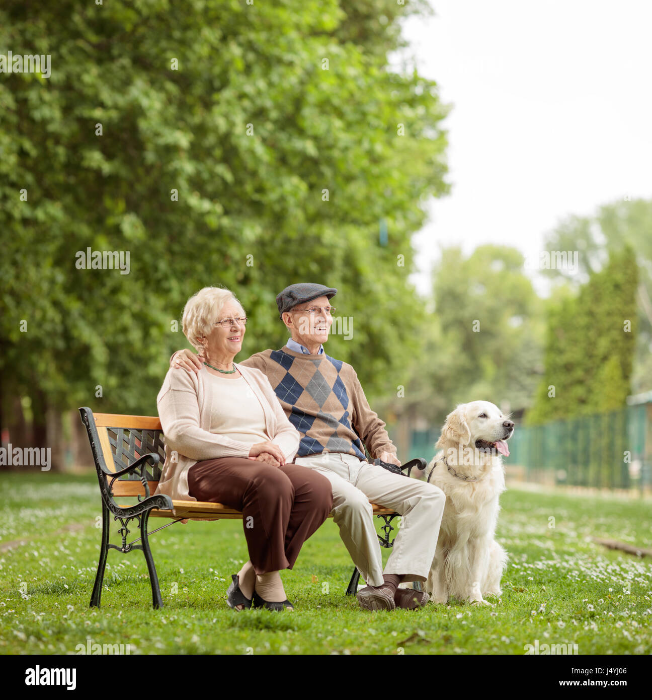 Ältere Paare mit einem Hund sitzen auf einer Bank in einem park Stockfoto