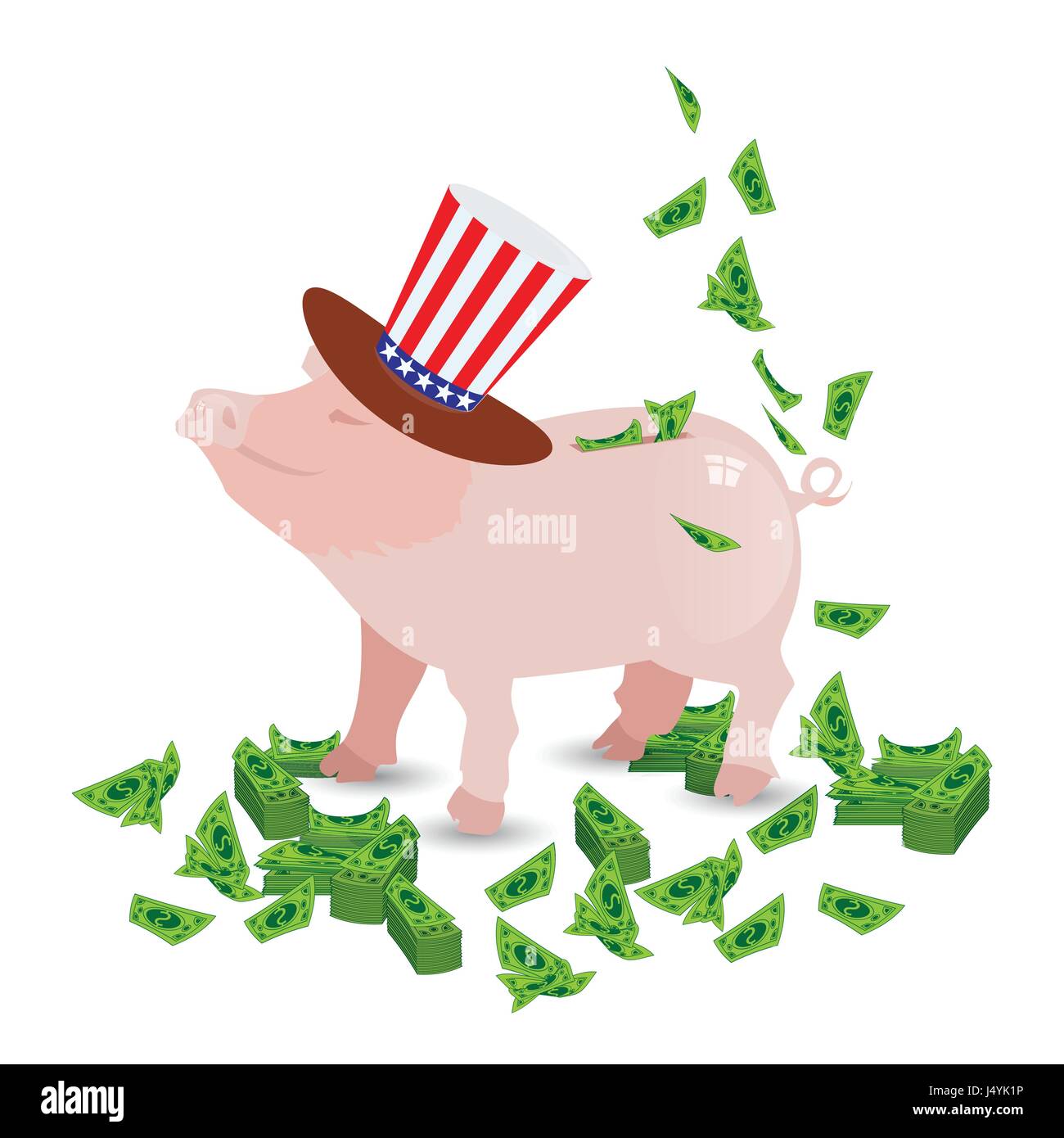 SCHWEIN-DRIPER IN DEN HUT MIT DER FARBE DER AMERIKANISCHEN FLAGGE UND VIELE GRÜNE PAPIER-DOLLAR. GELD ABHOLEN. Illustration für Ihr Design. Stock Vektor