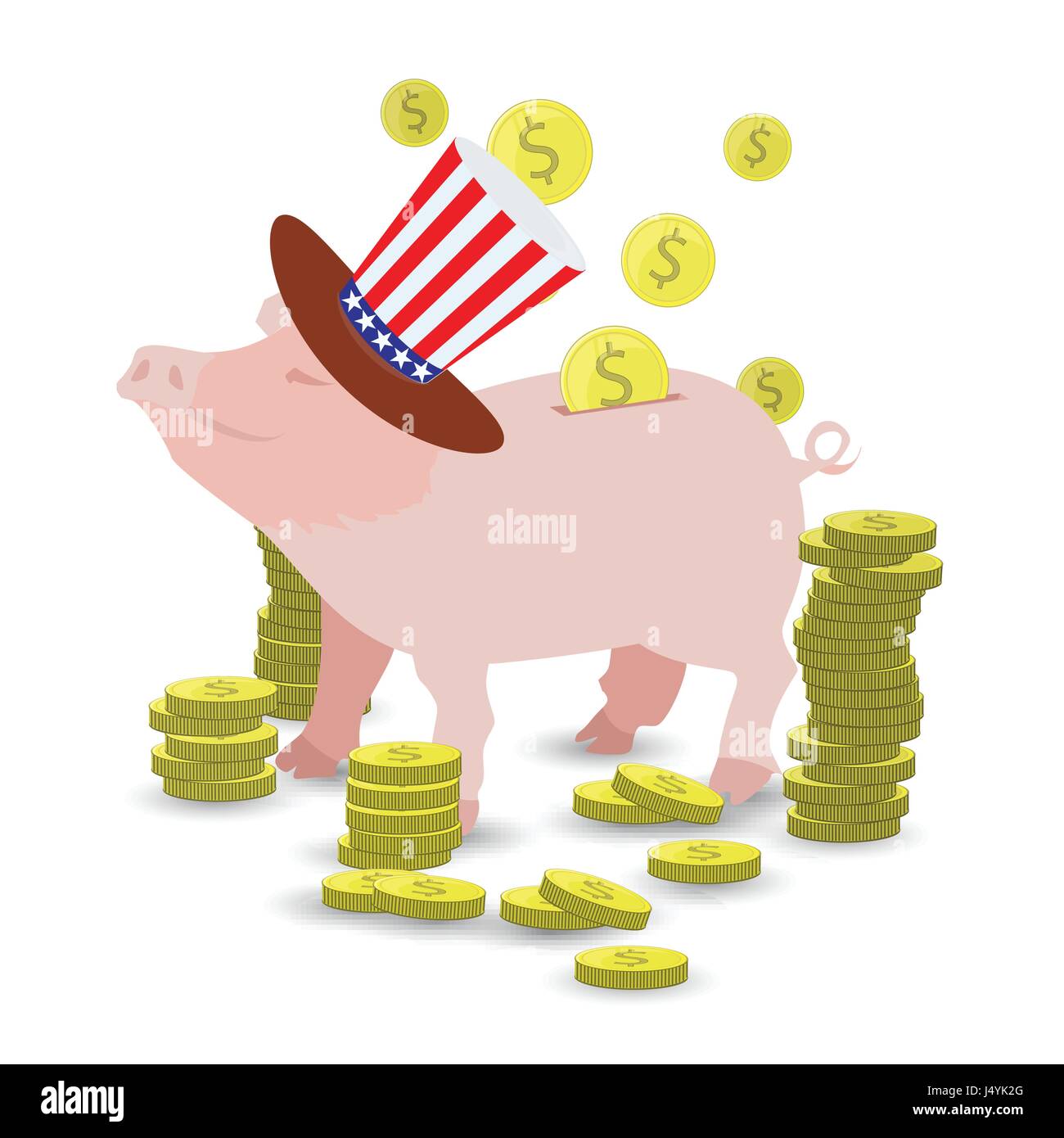 Schwein-GAP in den Hut mit flattern die amerikanische Flagge und eine Menge von Goldmünzen. GELD ABHOLEN. Illustration für Ihr Design. Stock Vektor