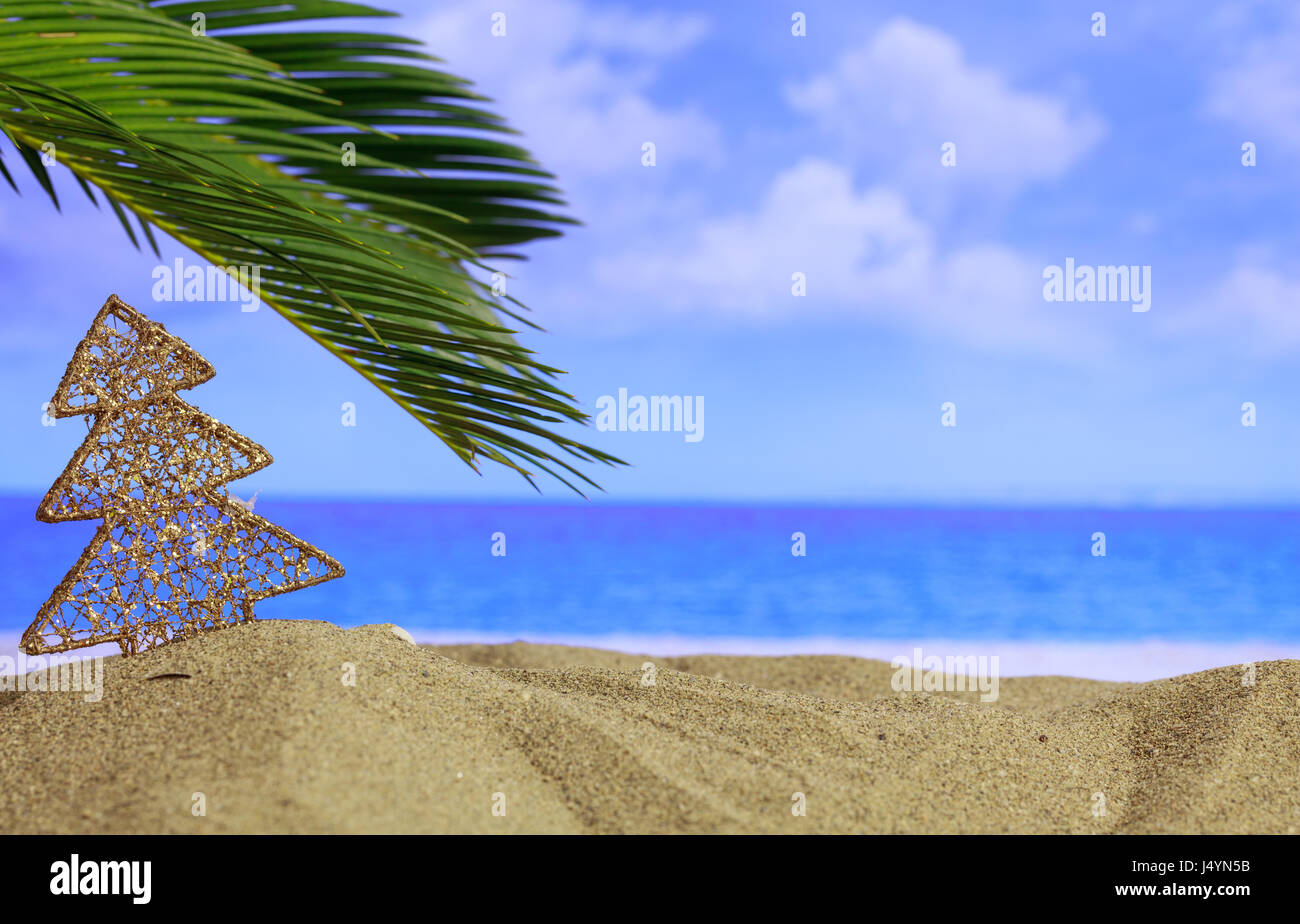 Weihnachtsbaum auf einem Sandstrand - Textfreiraum Stockfoto