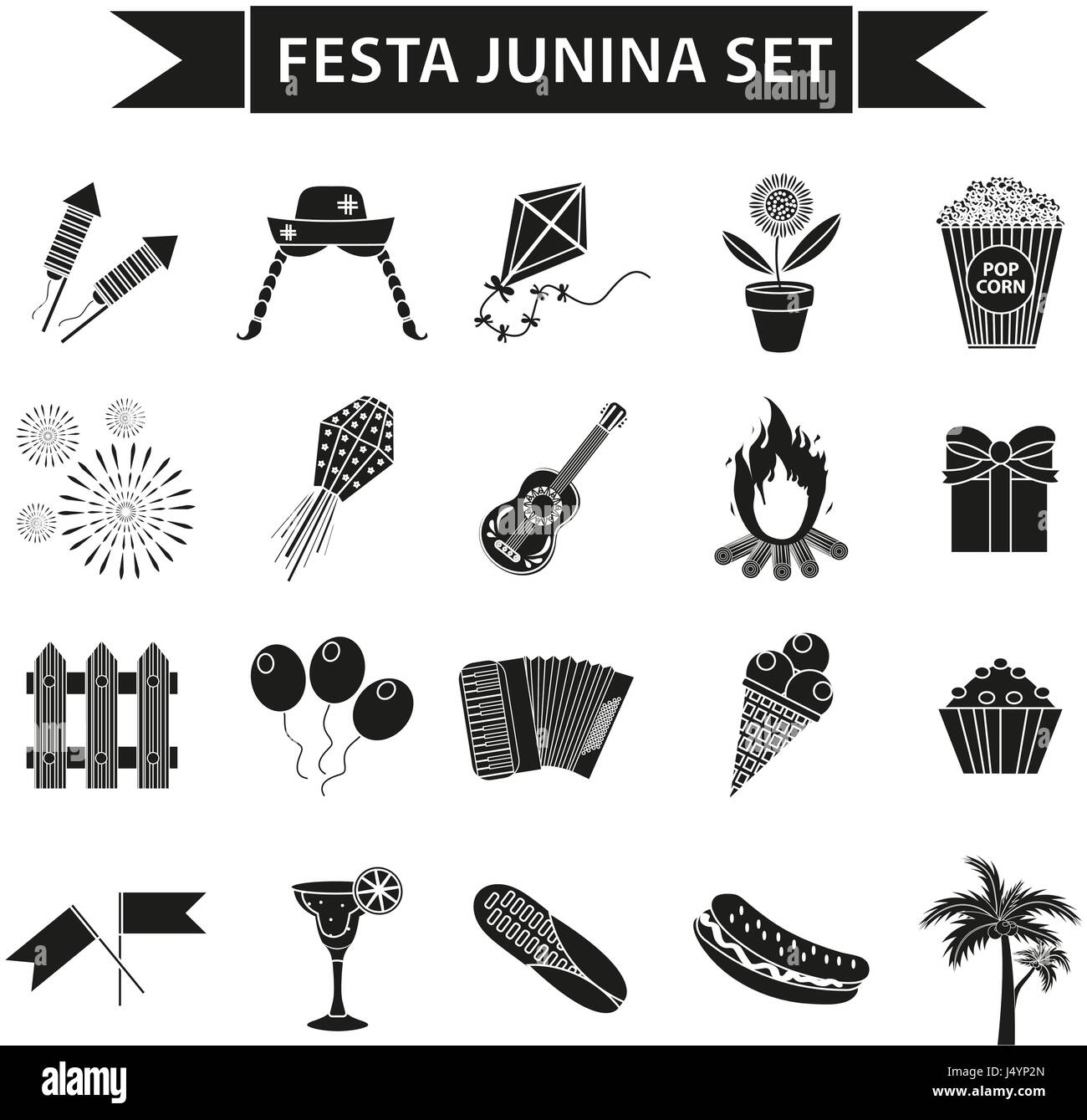 Festa Junina festlegen Symbole, schwarze Silhouette Stil. Brasilianische fest, Feier der traditionellen Symbole. Sammlung von Design-Elemente, isoliert auf weißem Hintergrund. Vektor-Illustration, Clip-Art. Stock Vektor