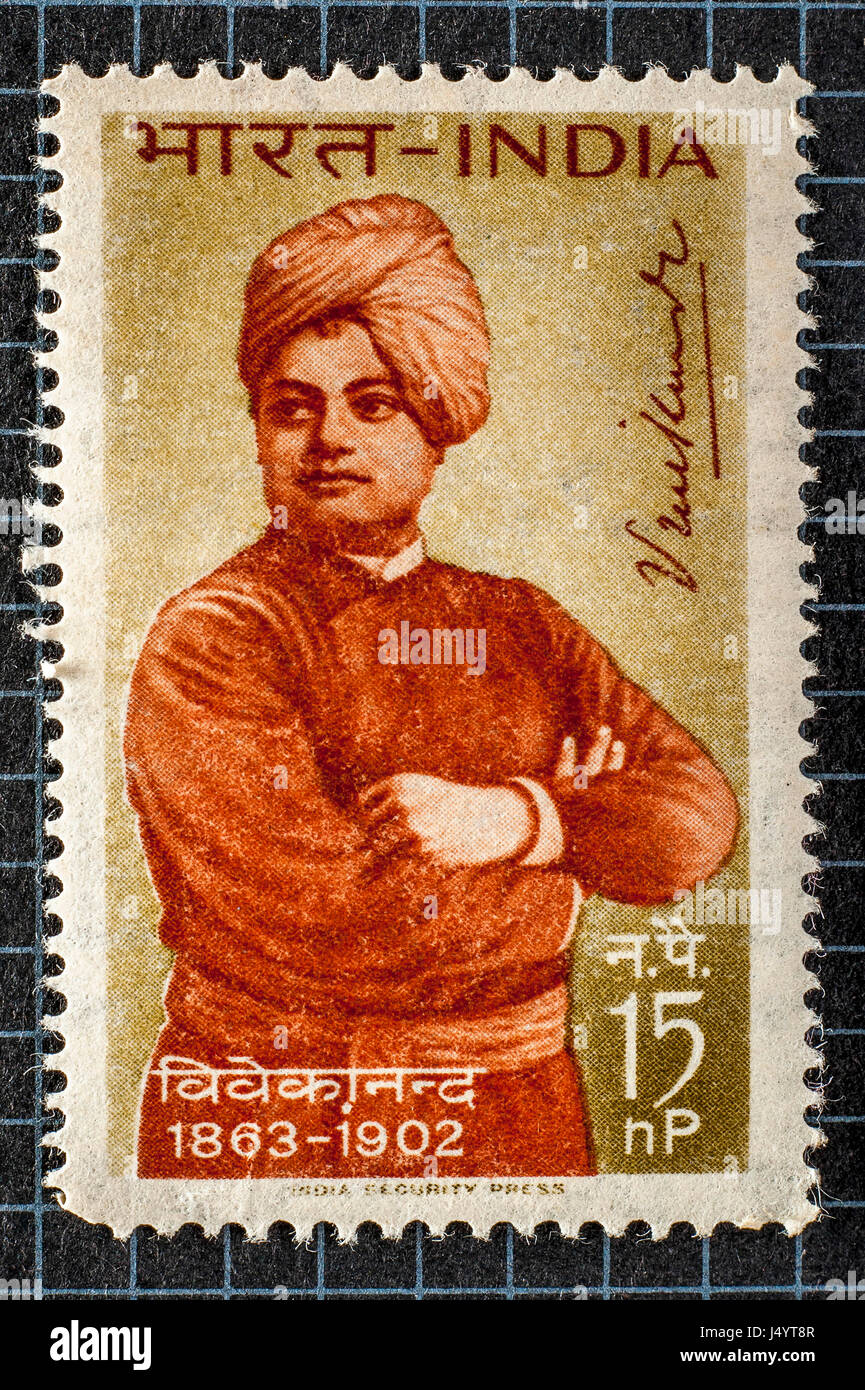 Vintage-Briefmarke von swami vivekananda, 1863 - 1902, 15 Paisa-Briefmarke, indien, asien Stockfoto
