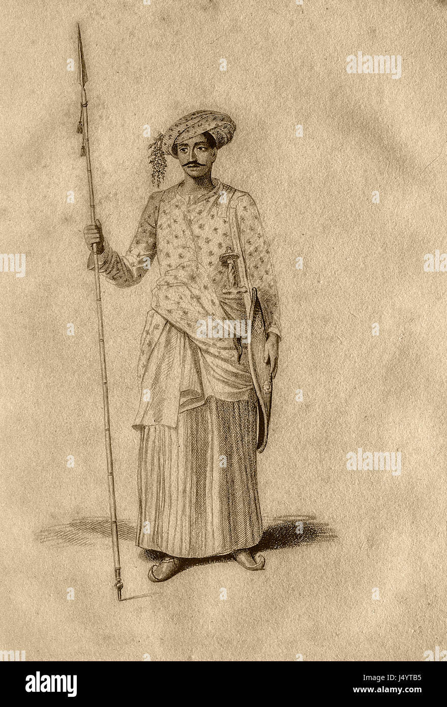 Indischer Soldat mit Speer, Indien, Asien, Asiaten, Inder, Alte Vintage 1700er Zeichnung Stockfoto