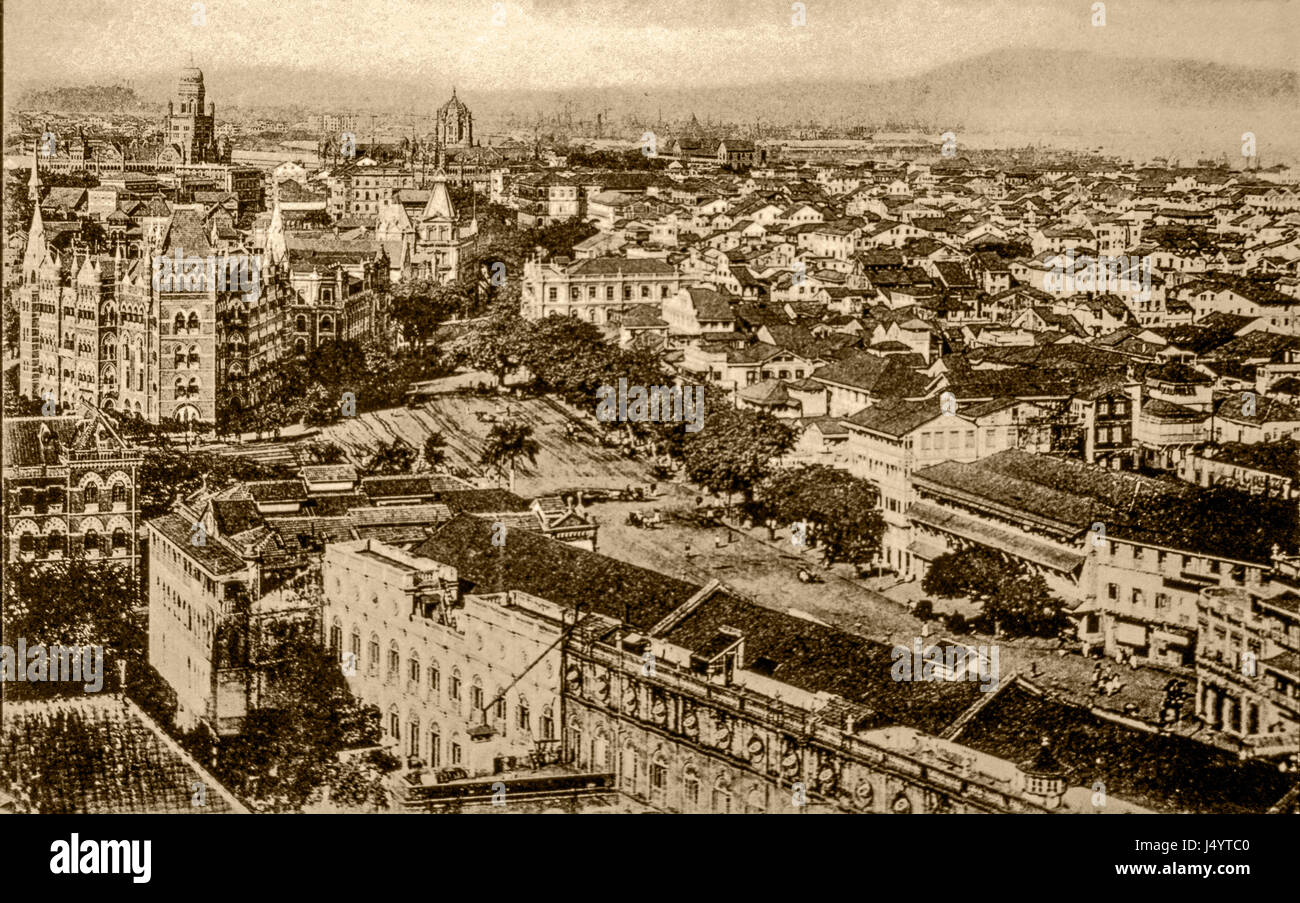 Jahrgang 1900 s altes Foto von Flora Brunnen VT und BMC Blick vom Uhrturm, Mumbai, Maharashtra, Indien, Asien Stockfoto
