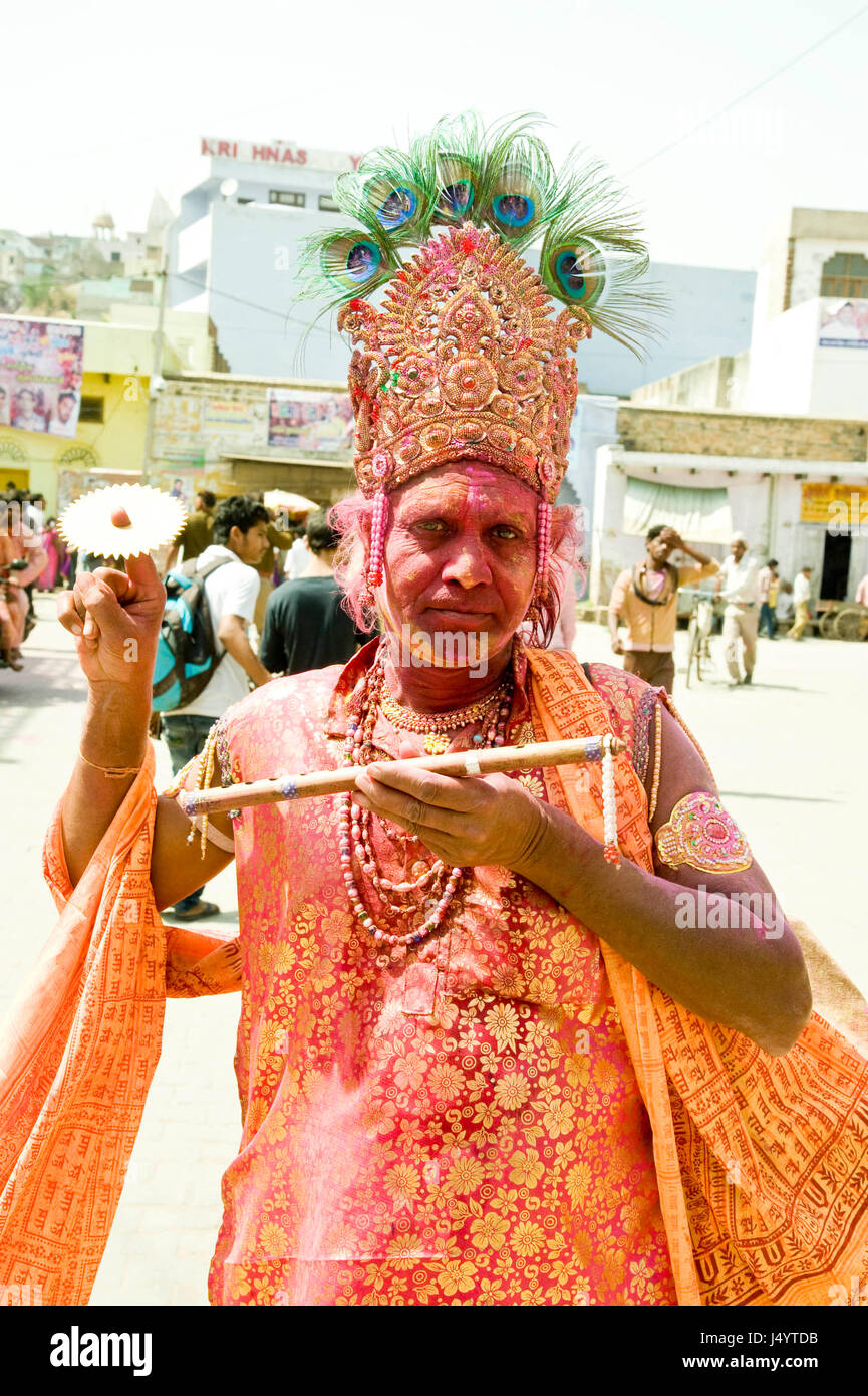 Anhänger verkleiden sich als Krishna, Uttar Pradesh, Indien, Asien Stockfoto
