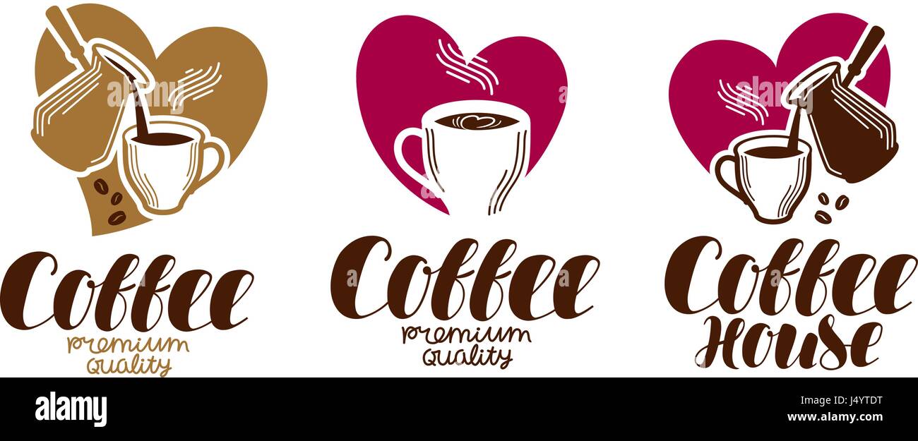 Kaffee, Kaffeehaus-Beschriftung-Set. Cafe, Cafeteria, heißes Getränk Logo oder Symbol. Handgeschriebene Schrift-Vektor-illustration Stock Vektor
