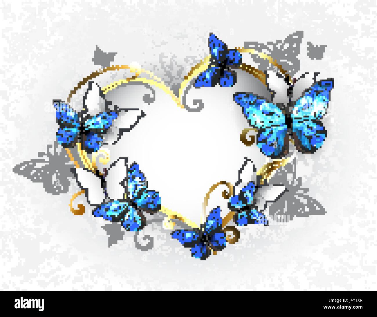 Jeweled, goldenes Herz mit blauen und weißen realistische Schmetterlinge Morpho. Morpho. Design mit blauer Schmetterlinge Morpho. Stock Vektor