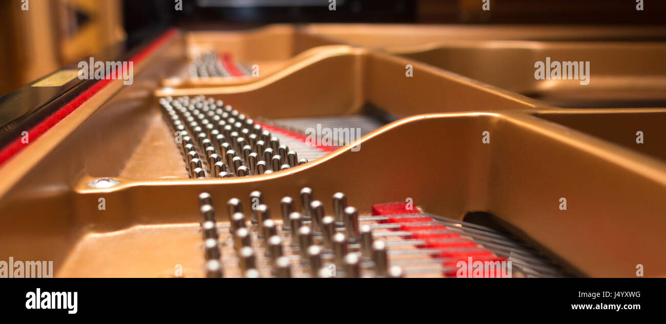 Konzert piano pin Block mit stimmwirbel und Stress Bars, selektiven Fokus. Stockfoto