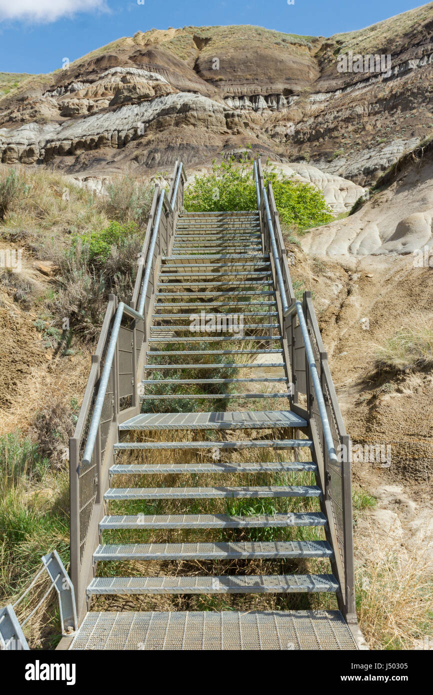 Metall-Treppe auf unebenem Gelände in den Alberta Badlands. Stockfoto Metall-Treppe auf unebenem Gelände in den Alberta Badlands. Stockfoto