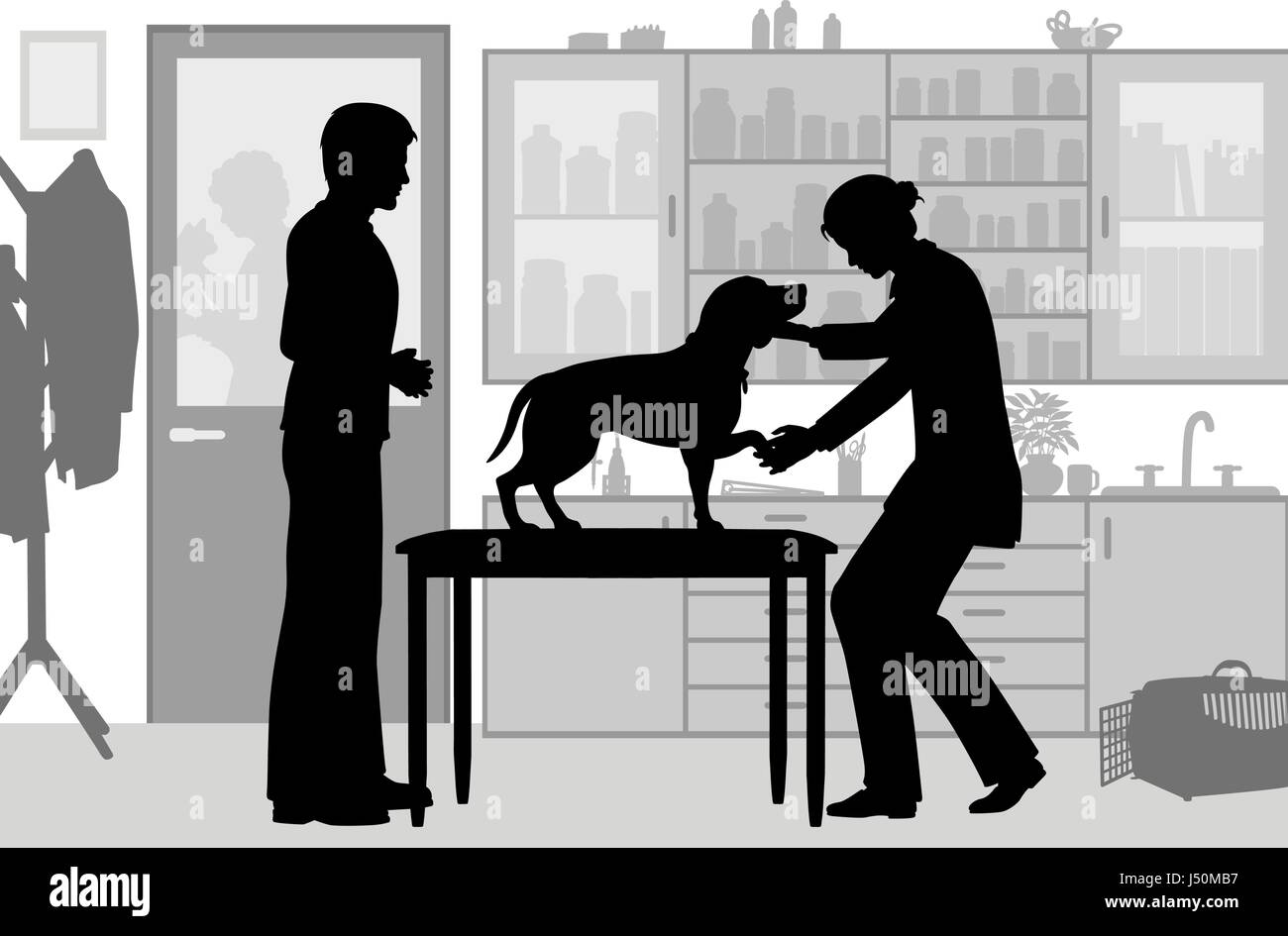 Bearbeitbares Vektor Silhouette des weiblichen Tierarzt untersuchen einen Hund mit Figuren als separate Objekte Stock Vektor