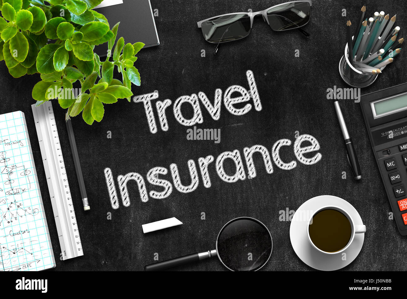 Schwarze Tafel mit einer Reiseversicherung. 3D-Rendering. Stockfoto