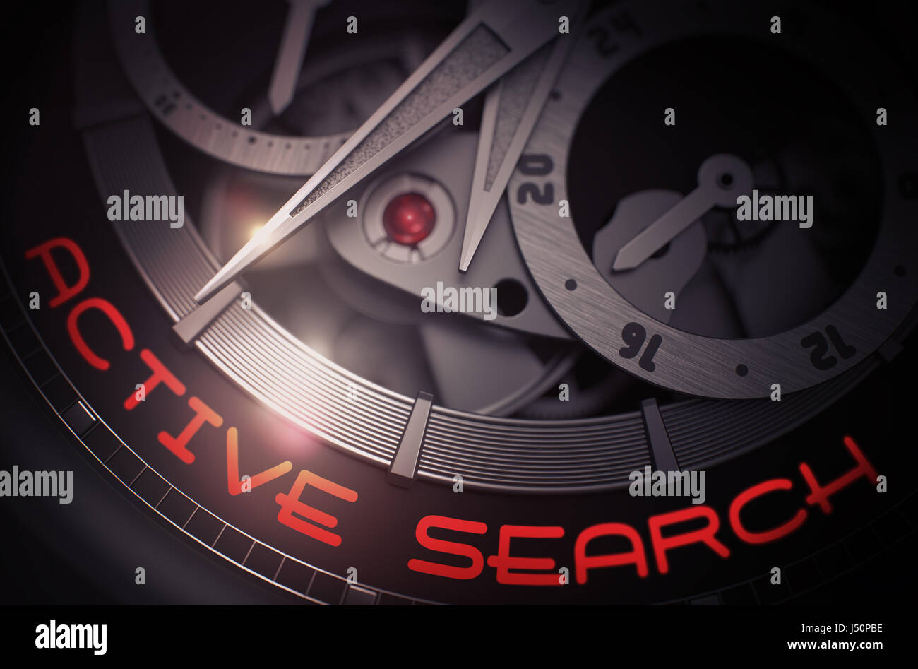 Aktive Suche auf Luxus Herren Armbanduhr Mechanismus. 3D. Stockfoto