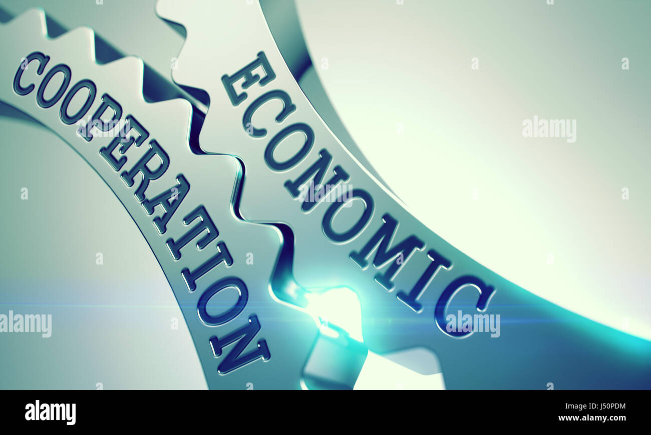 Wirtschaftliche Zusammenarbeit - Mechanismus der glänzenden Metallgetriebe. 3D. Stockfoto