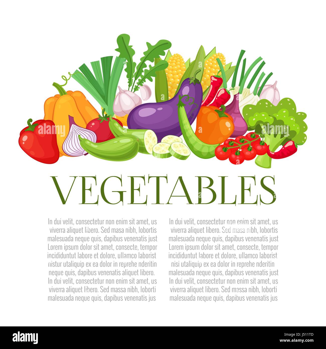 Gemüse top Planrahmen. Bauernmarkt Menügestaltung. Bio-Lebensmittel bunte Poster. Bunte Bio-Banner mit Gemüse. Cartoon-Stil-Vektor-Illustration. Stock Vektor