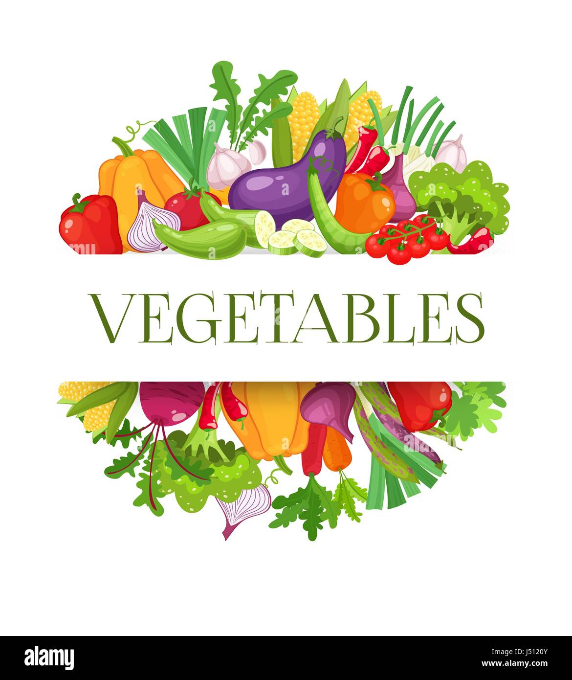 Banner-Runde Komposition mit buntem Gemüse für Menügestaltung Bauernmarkt. Gesunde Ernährung-Konzept. Vektor-Illustration. Stock Vektor