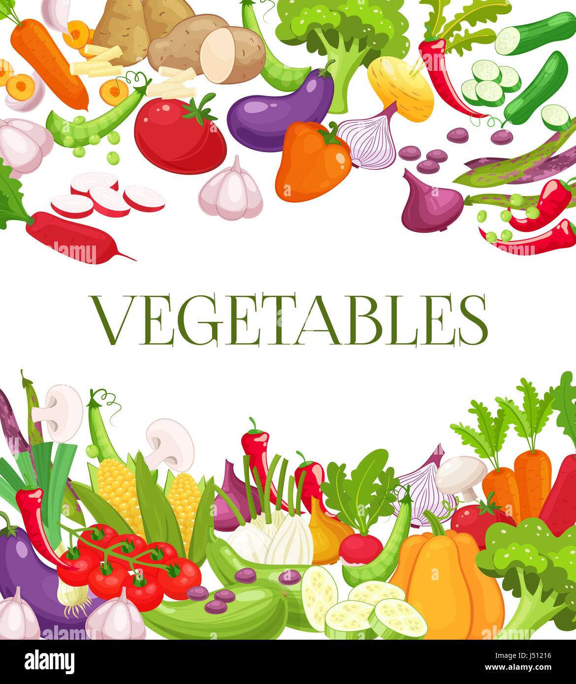 Gemüse und gesunde Ernährung Menü Poster. Frische Karotten, Tomaten, Paprika, Zwiebel, Brokkoli, Kohl, Knoblauch, Gurke, Blumenkohl, Kohlrabi und Rettich. Vegetarisches Essen, Bio Shop-design Stock Vektor