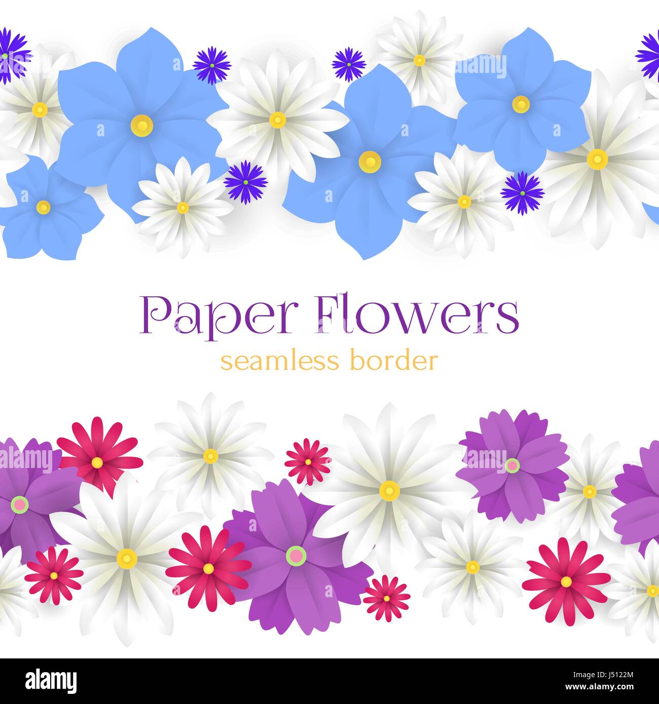 Bunte Papier Blumen horizontale nahtlose Grenzen Vektorgrafik. 3D Origami abstrakte Blumendekoration. Papier-Art-Stil für Banner, Poster, Werbung, Website, Online-shopping, Werbung. Stock Vektor