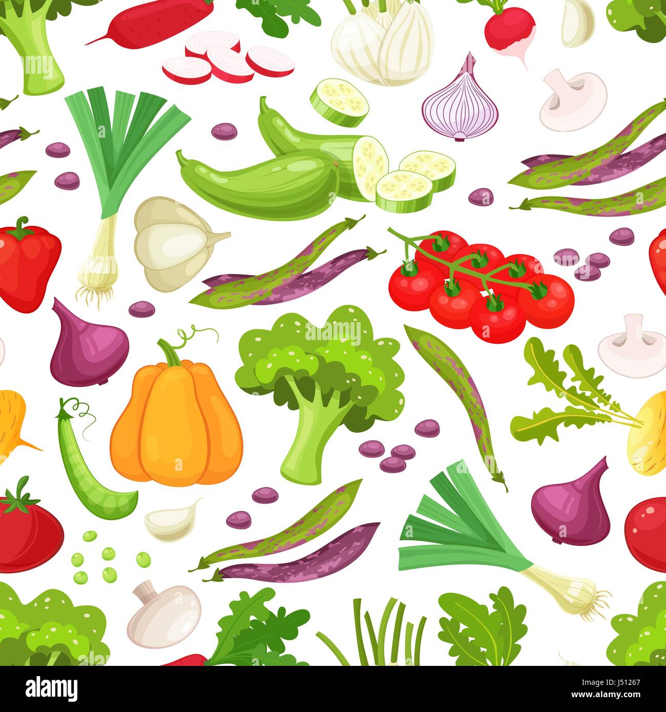 Rohes Gemüse mit in Scheiben geschnittenen Paprika Auberginen Knoblauch Pilz-Zucchini-Tomaten-Zwiebel-Gurken-Vektor-Illustration. Nahtlose Muster auf weißem Hintergrund, Gemüse-Illustrationen Stock Vektor