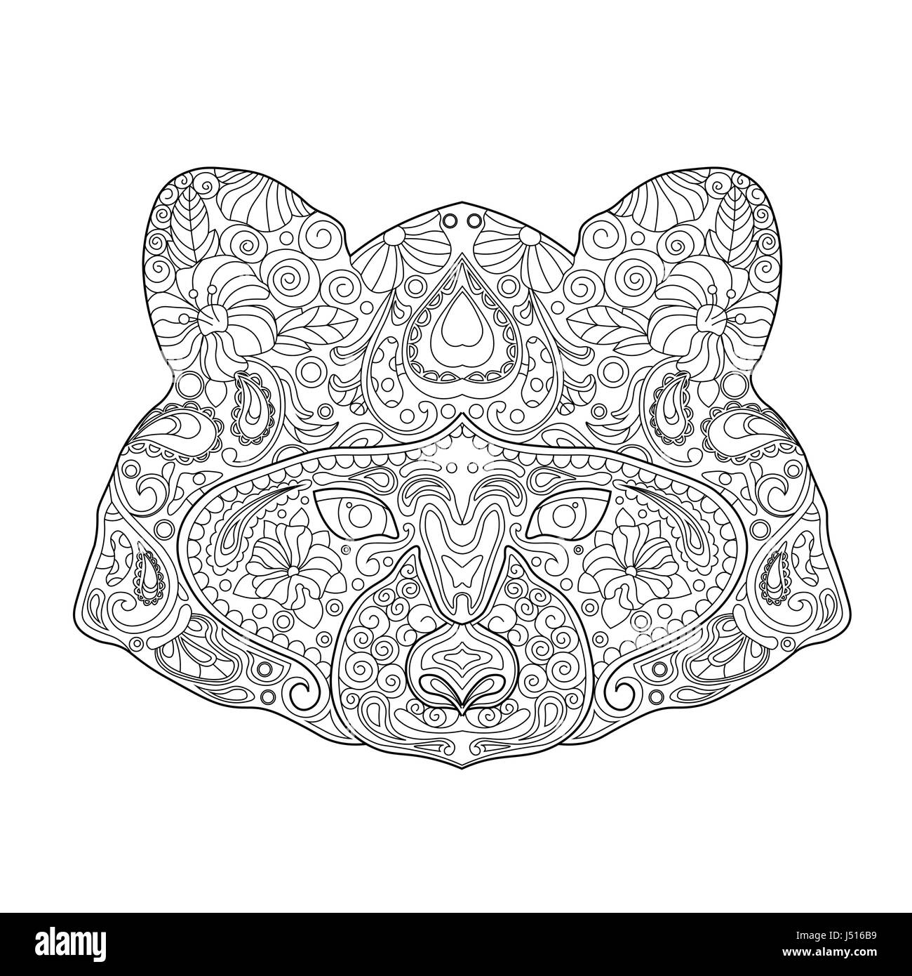 Ethnische Zentagle verzierten Hand gezeichnete Waschbär Kopf. Black And White Ink-Doodle-Vektor-Illustration. Skizze für Tattoo, Poster, Print oder T-shirt. Entspannen Stock Vektor