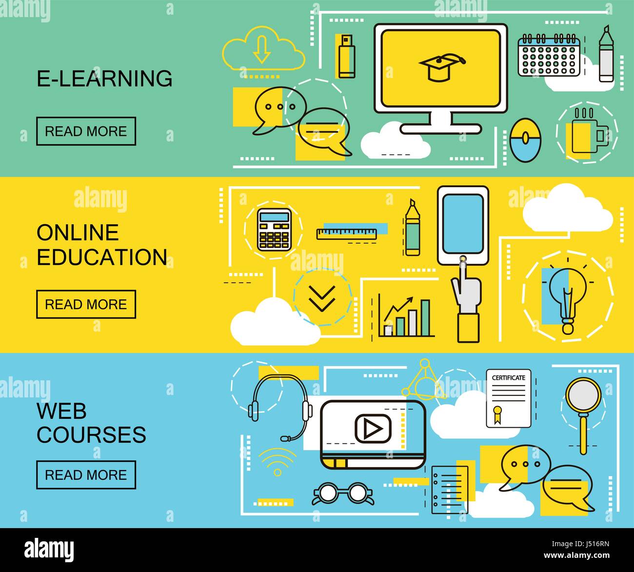 E-Learning, Online-Bildung und Web Kurse horizontale Banner. Distanz-Trainings. Symbole mit dünnen Linienart zu studieren. Vektor-Illustration Stock Vektor