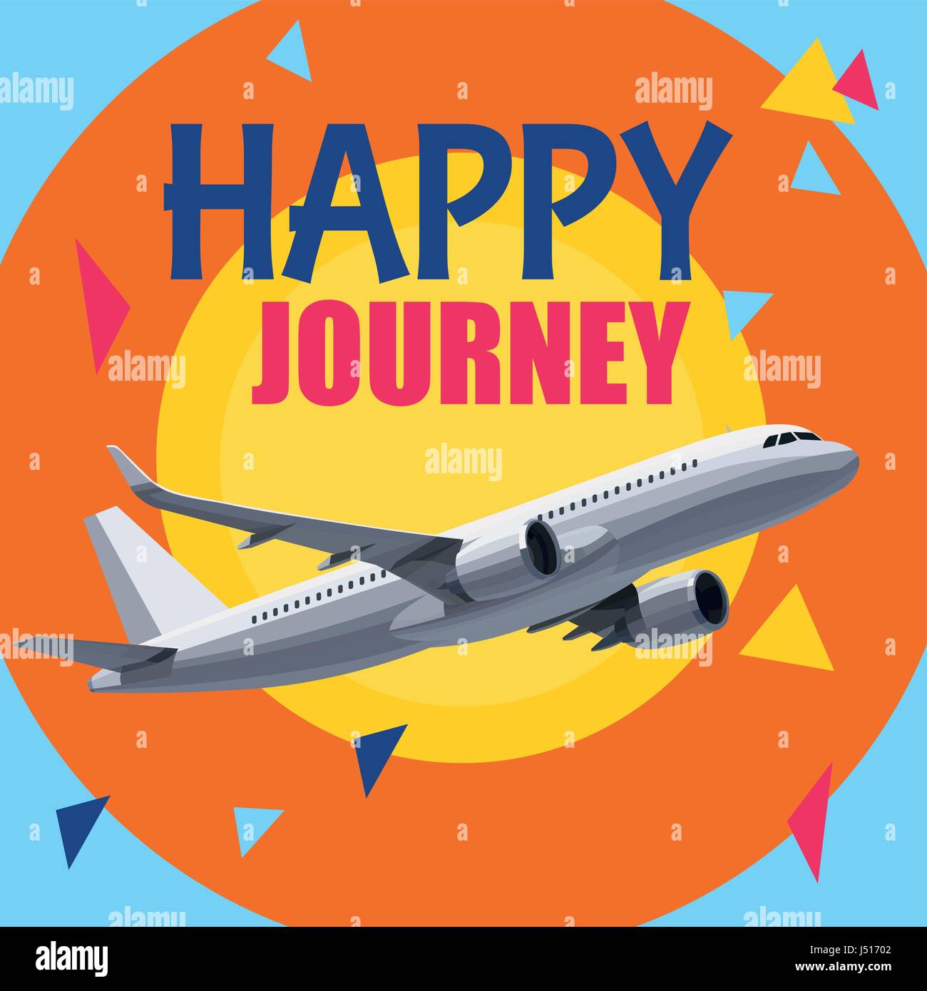 Fliegende Flugzeug mit Happy Journey-Header. Wünsche für eine gute Trip.Concept für Reiseunternehmen Banner, Poster, Gutschein, Ticket, Magazin. Stock Vektor