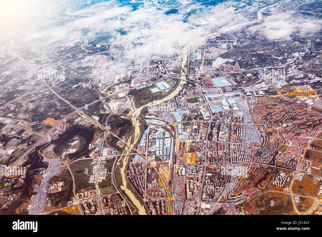 Aerial Abend Blick auf Chengdu Bezirk. Stockfoto