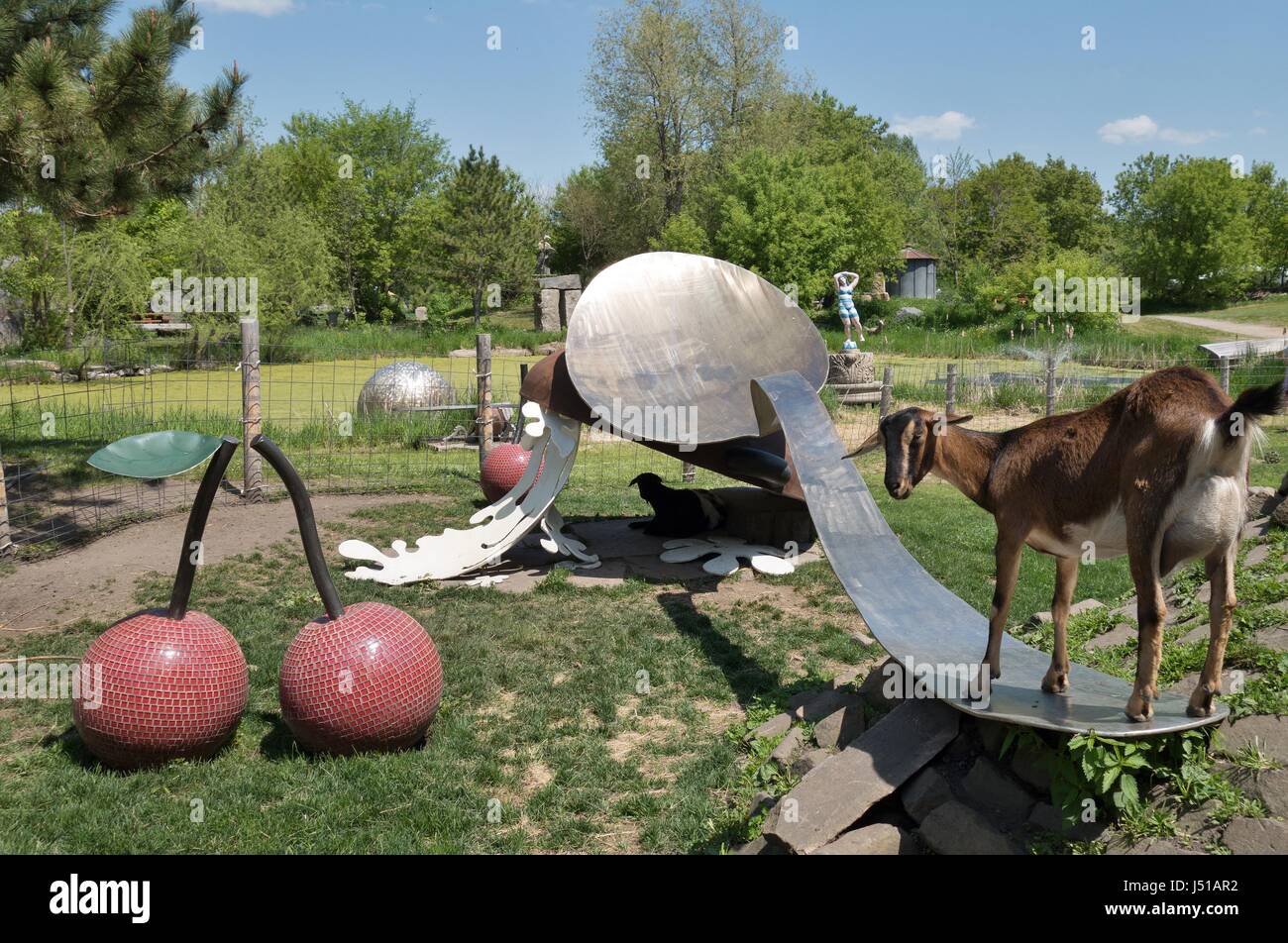 Ein Löffel und Kirschen Skulptur in eine Ziege Gehäuse am großen Stein Mini  Golf and Sculpture Garden in Minnetrista, Minnesota, USA Stockfotografie -  Alamy