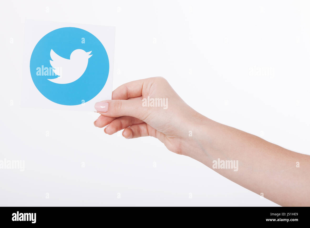 Kiew, UKRAINE - 22. August 2016: Frau Hände halten Twitter Logo Icoi Vogel bedrucktes Papier. Twitter ist ein social Networking-Onlinedienst, mit dem Benutzer senden und Lesen von SMS-Nachrichten. Stockfoto