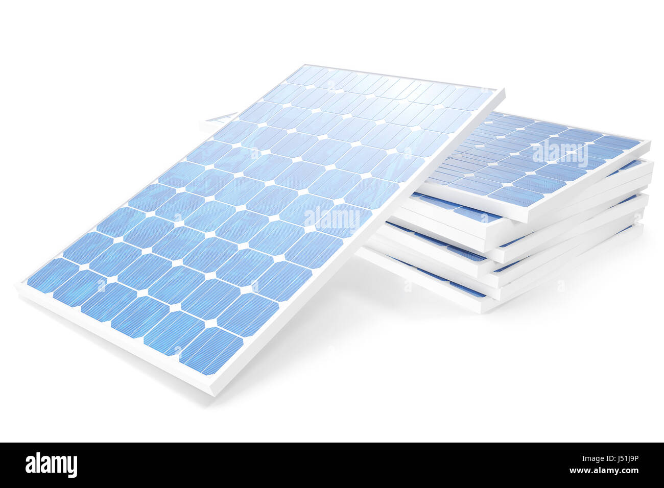 3D-Illustration solar Power Generation-Technologie. Blaue Sonnenkollektoren. Alternative Stromquelle Konzept. Öko-Energie, saubere Energie, die isoliert auf weißem Hintergrund. Stockfoto
