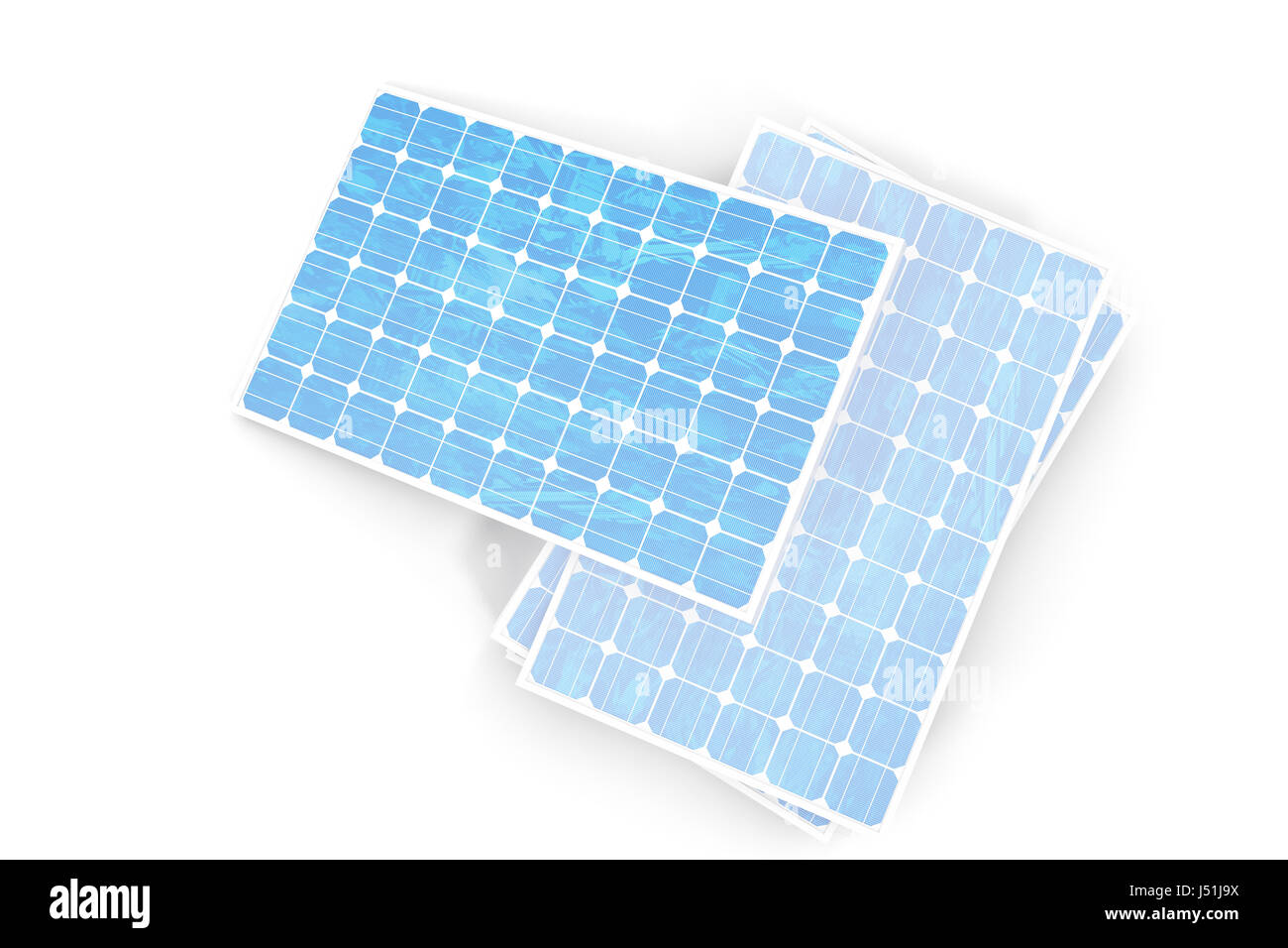 3D-Illustration solar Power Generation-Technologie. Blaue Sonnenkollektoren. Alternative Stromquelle Konzept. Öko-Energie, saubere Energie, die isoliert auf weißem Hintergrund. Stockfoto