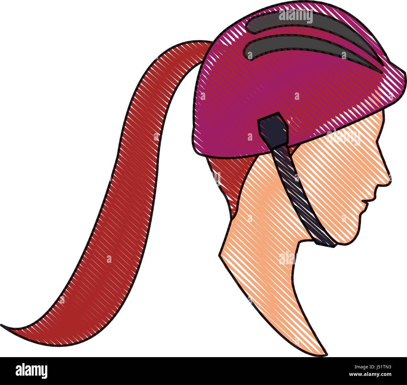 Zeichnung Kopfprofil junge Frau Pferdeschwanz und Helm sport Stock Vektor