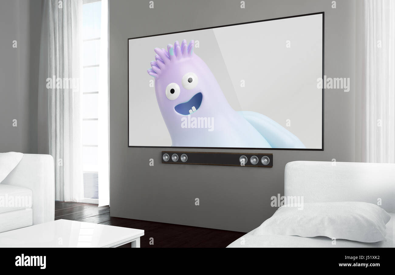 Große Leinwand smart tv im Wohnzimmer mit tv-Kinder-Show auf dem Bildschirm. 3D-Rendering. Stockfoto