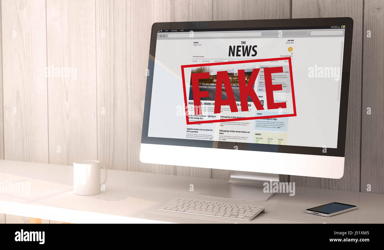 Digital Render erzeugt Arbeitsbereich mit Computer und Smartphone. gefälschte Website News auf dem Bildschirm. Alle Bildschirm-Grafiken bestehen. Stockfoto